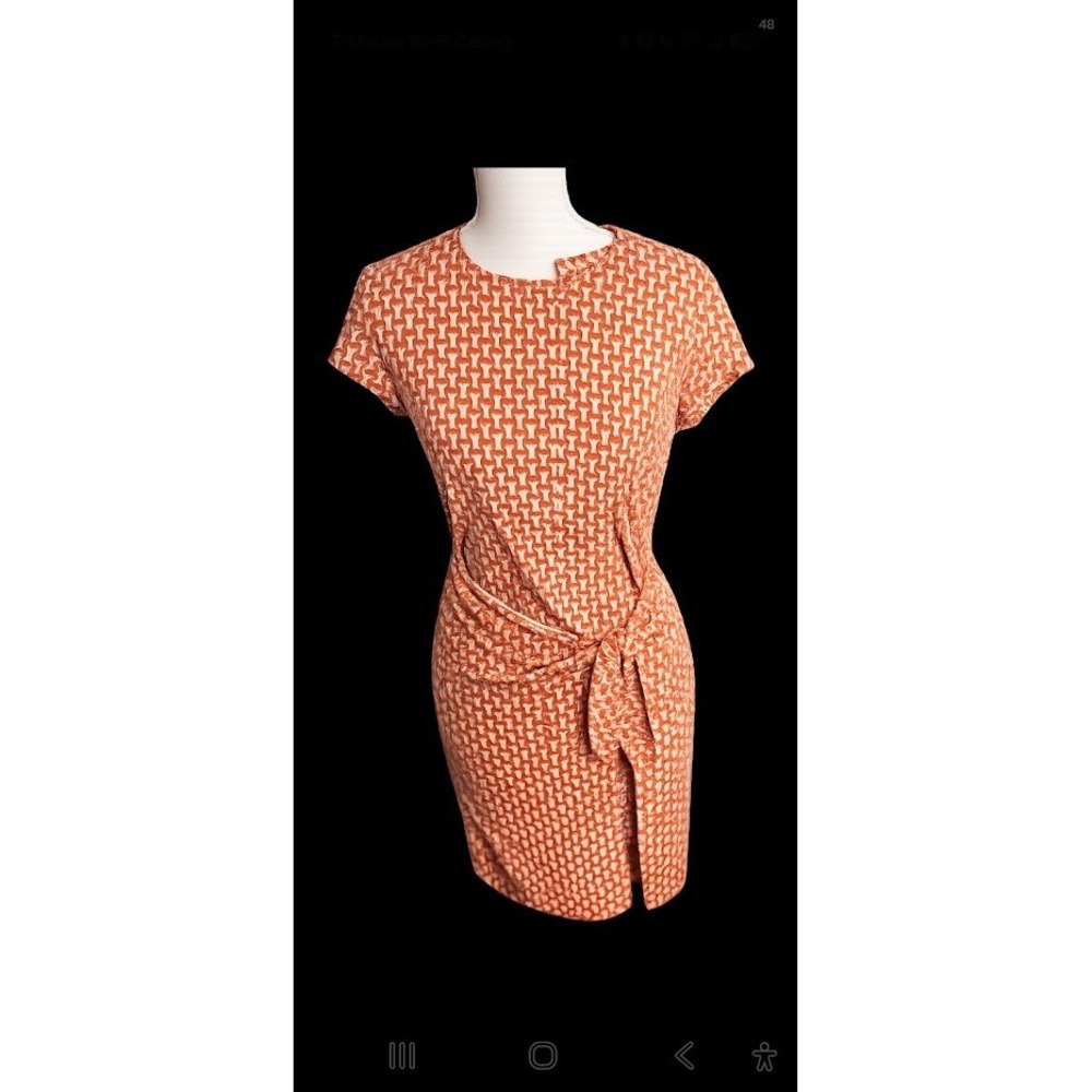 J.McLaughlin Orange Geometric Side Tie Sheath Dress Womens Medium Short Sleeve